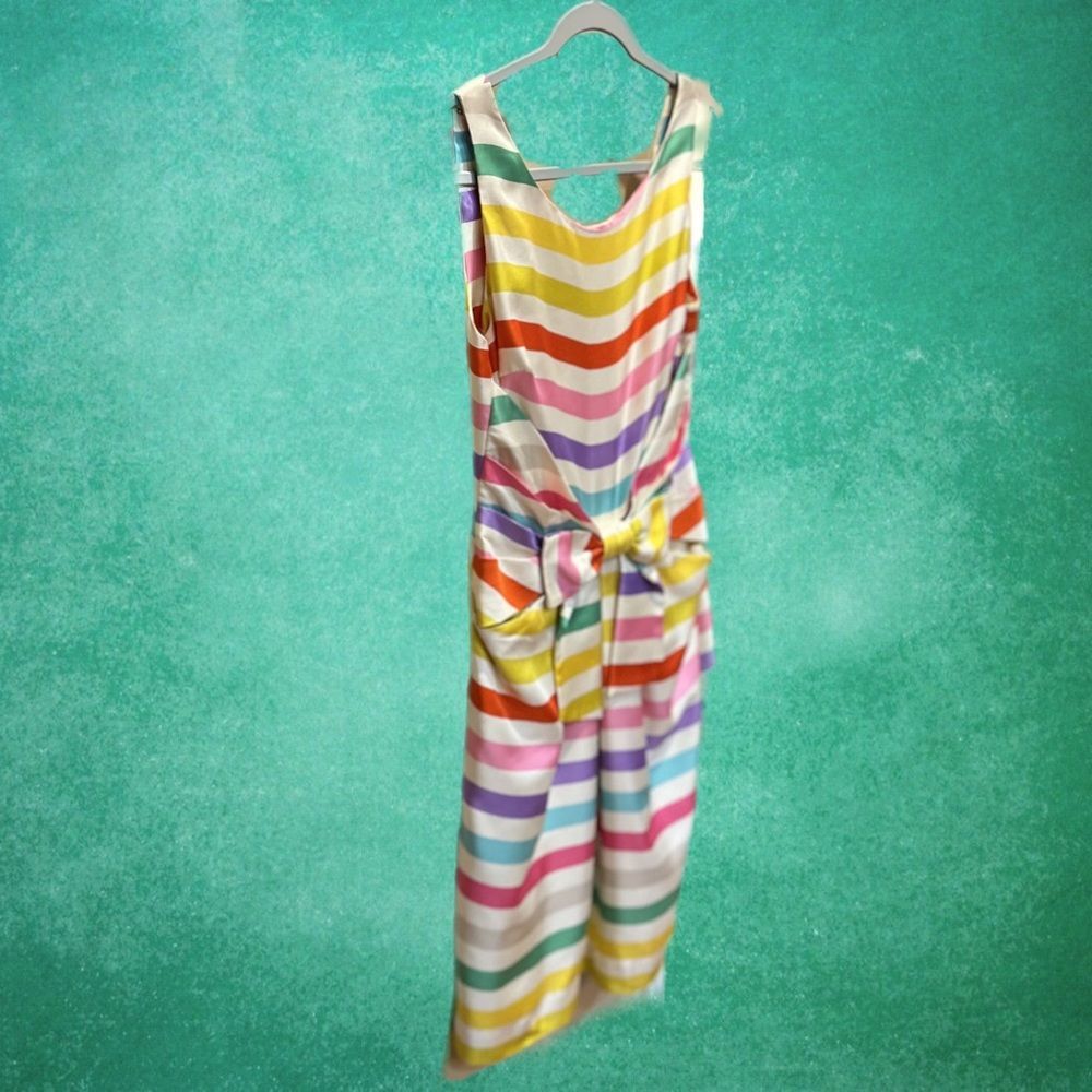 kate spade | Jillian | Lined Silk Rainbow Stripe Dress w Front Pockets & Bow - Picture 5 of 15